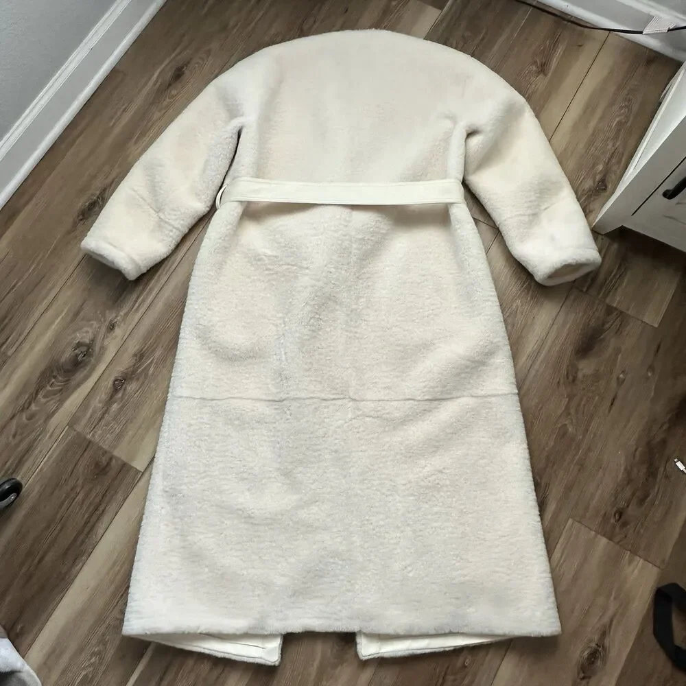 ZARA ZW Collection Faux Fur Belted Long Coat Cream Ecru Medium 4360/257 NWT